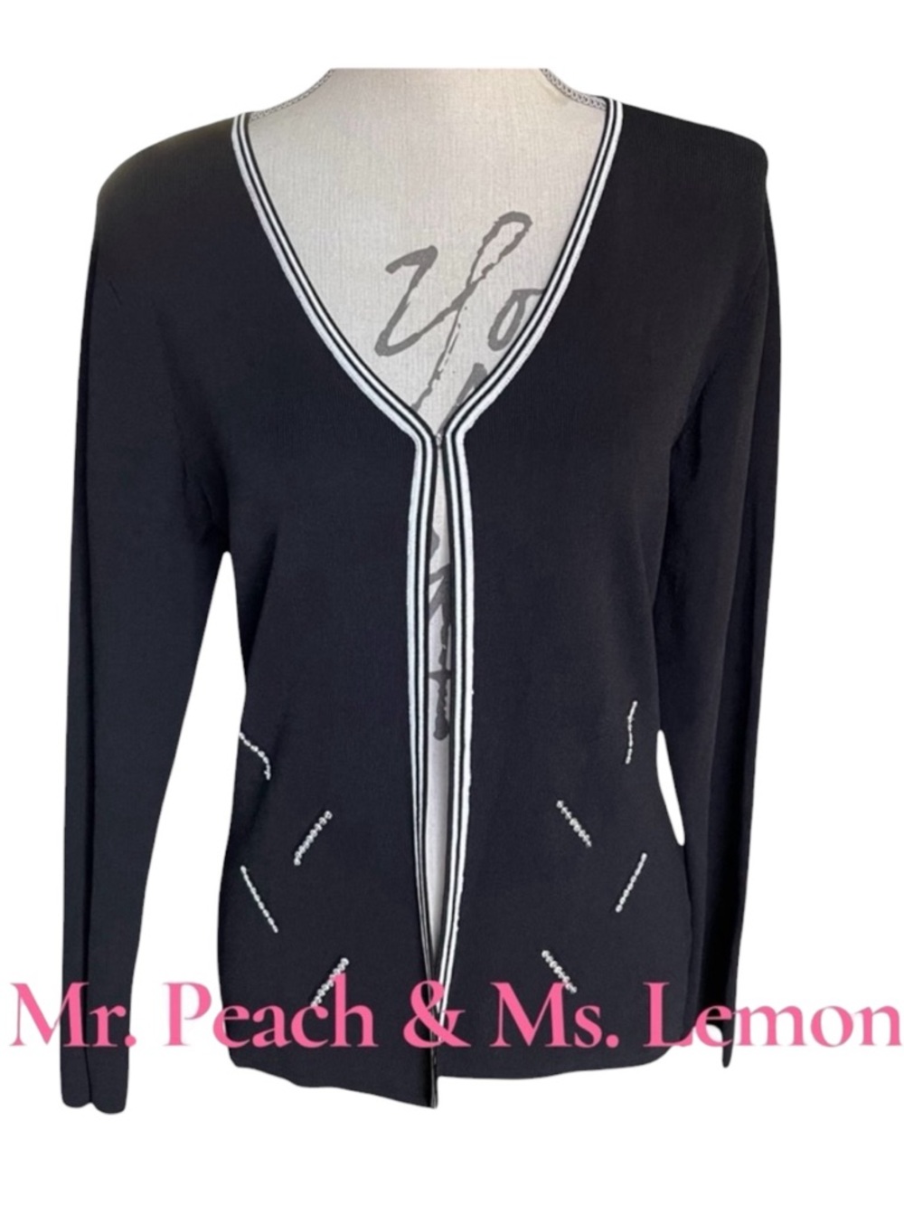 Mr. Peach & Ms. Lemon Black/White Trim Sequin Hook/Eye Closure Cardigan (S)